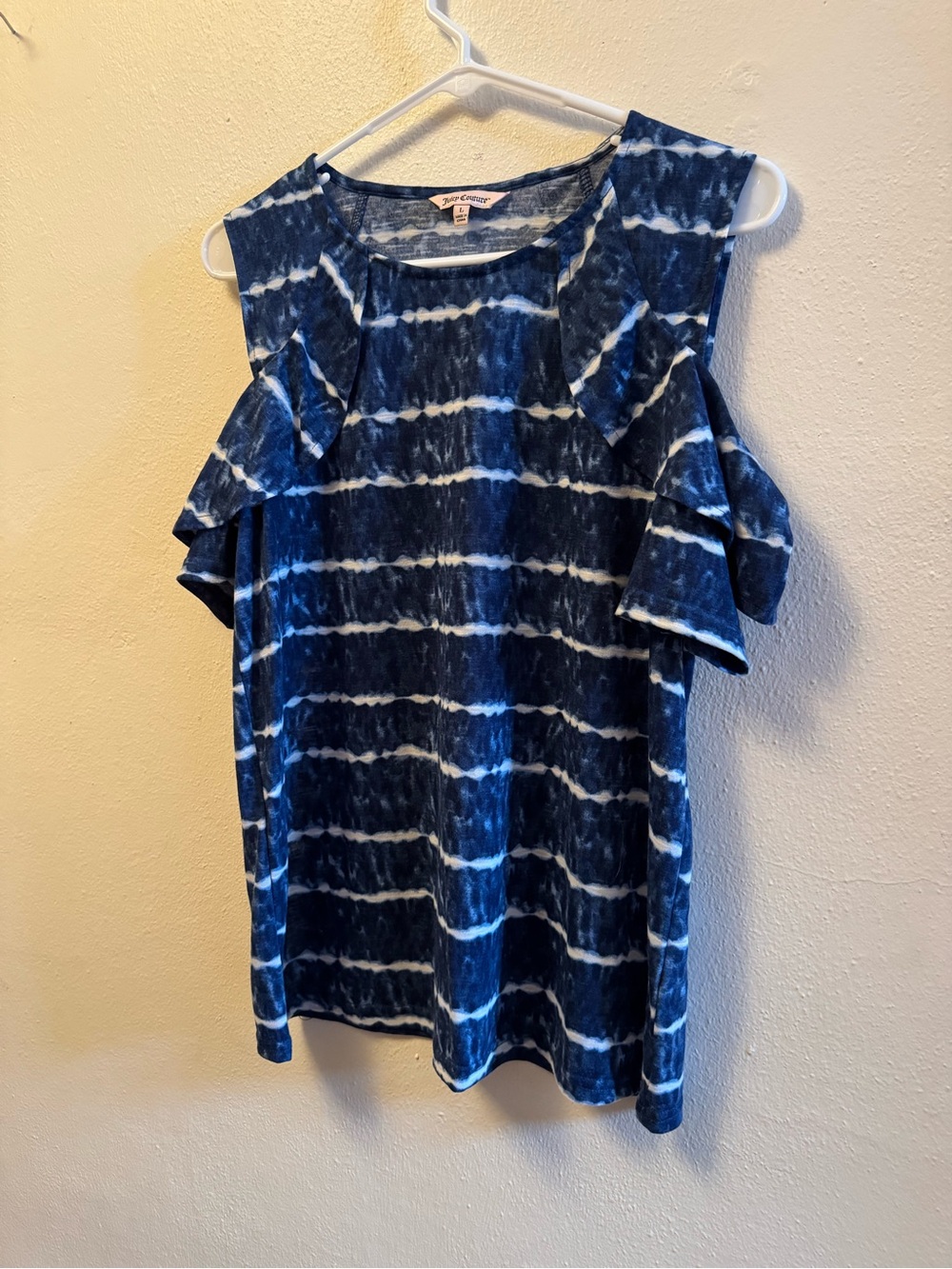 Juicy Couture Blue Tie Dye Cold Shoulder Ruffle Top - Boho Summer Blouse  Size L